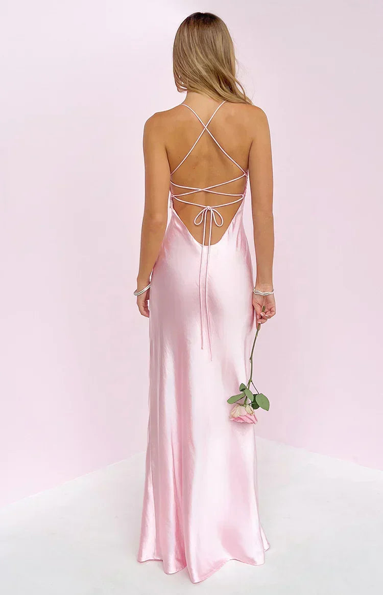 Chilli Pink Beaded Bust Satin Maxi Dress