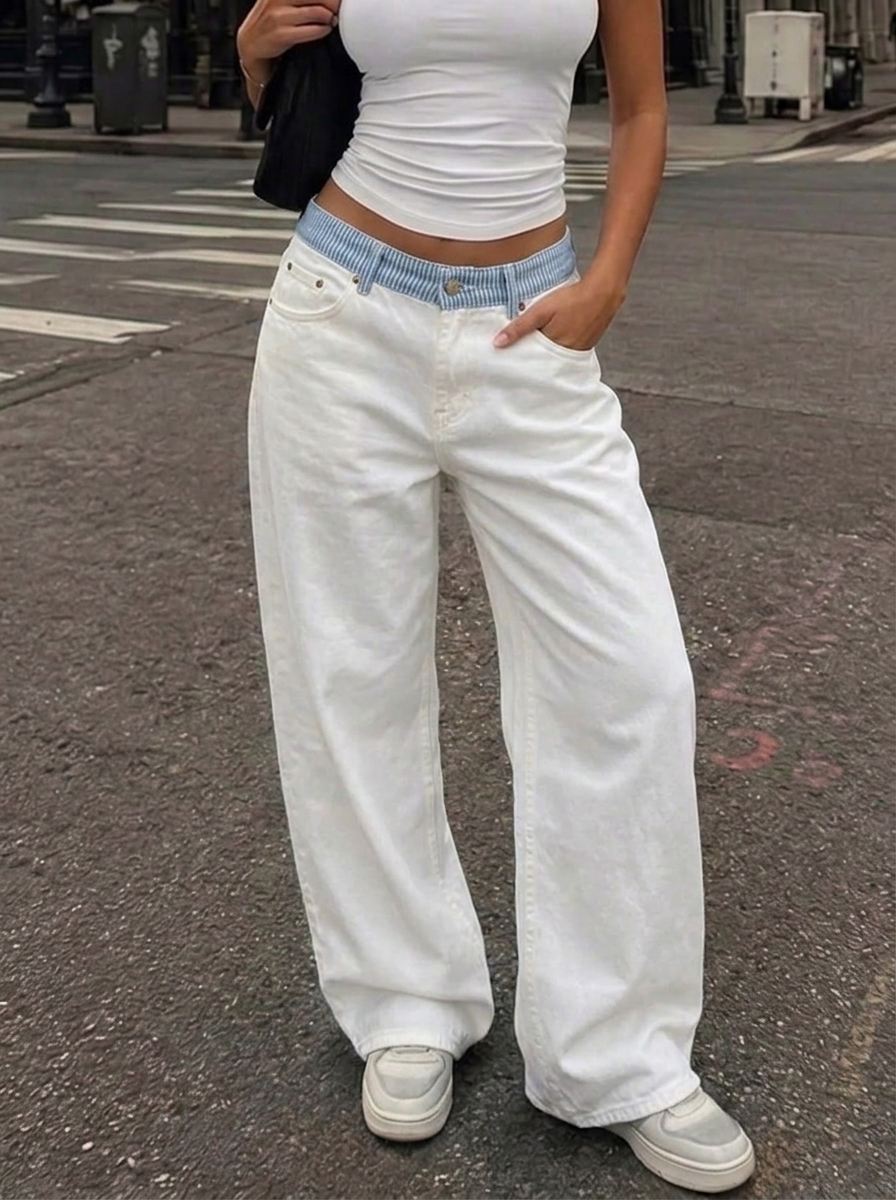 Stella Striped-Waist White Denim Jeans