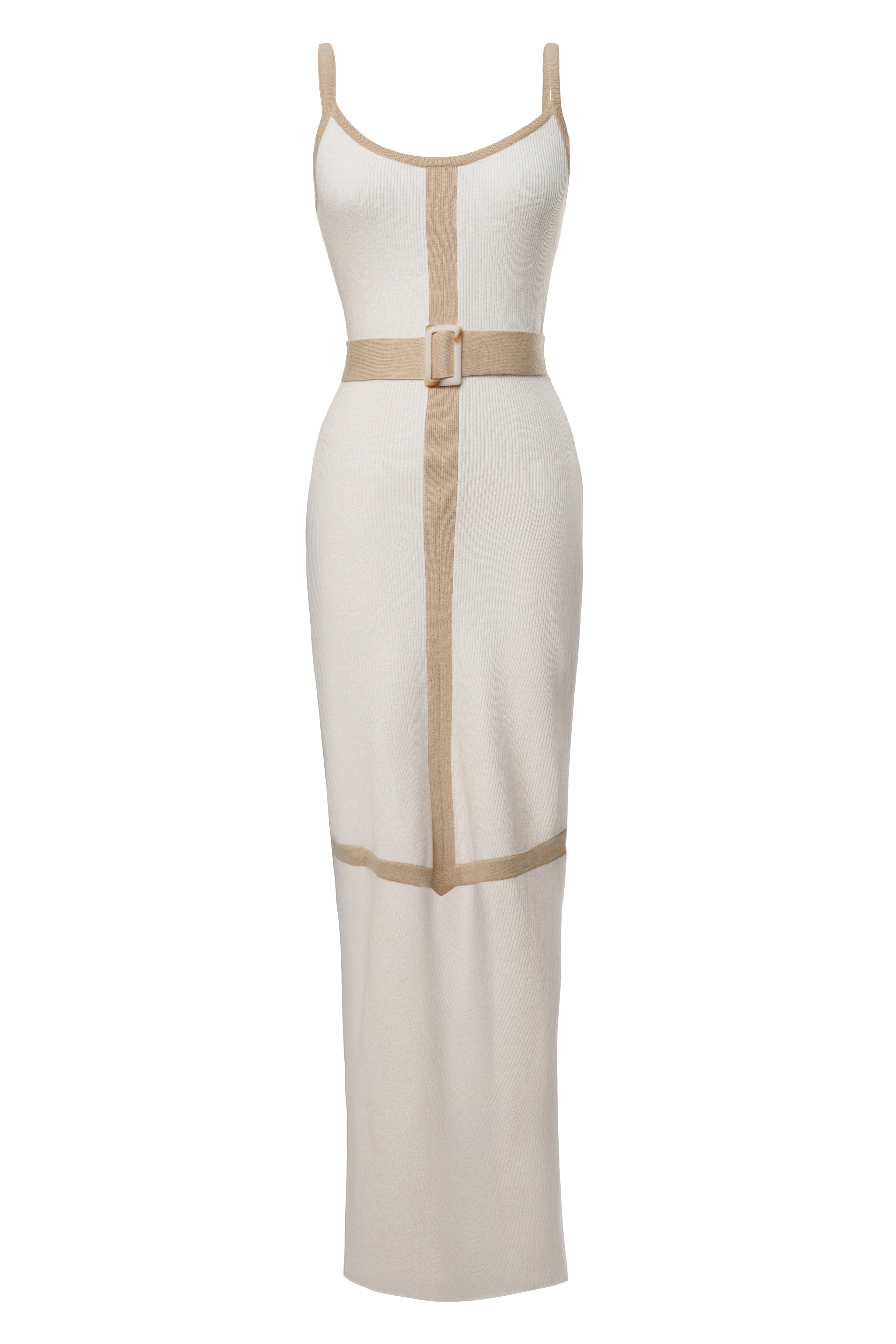 Ivory Beige Belted Cami Maxi Dress