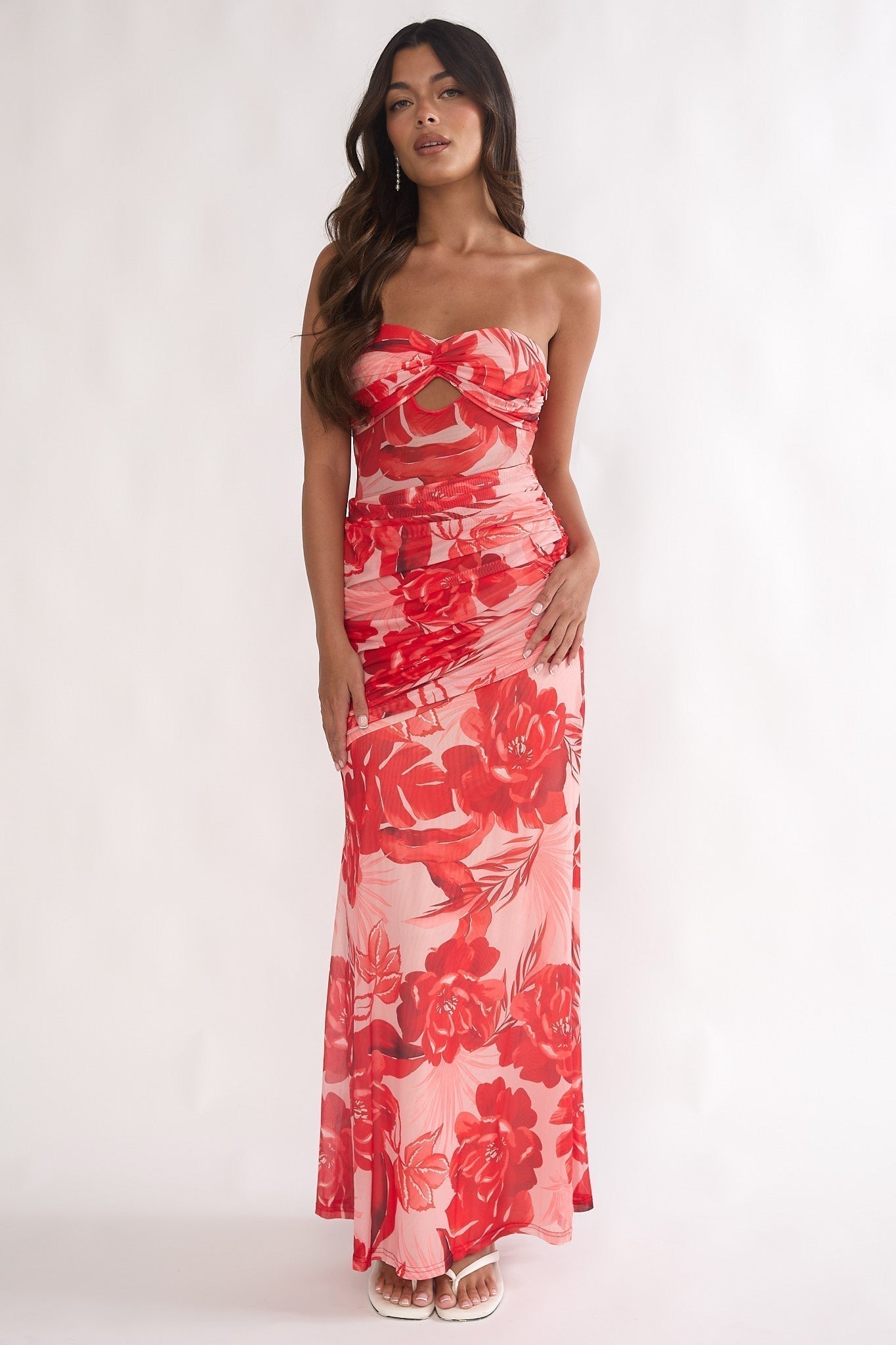 Kallira Ruched Maxi Dress Floral Red