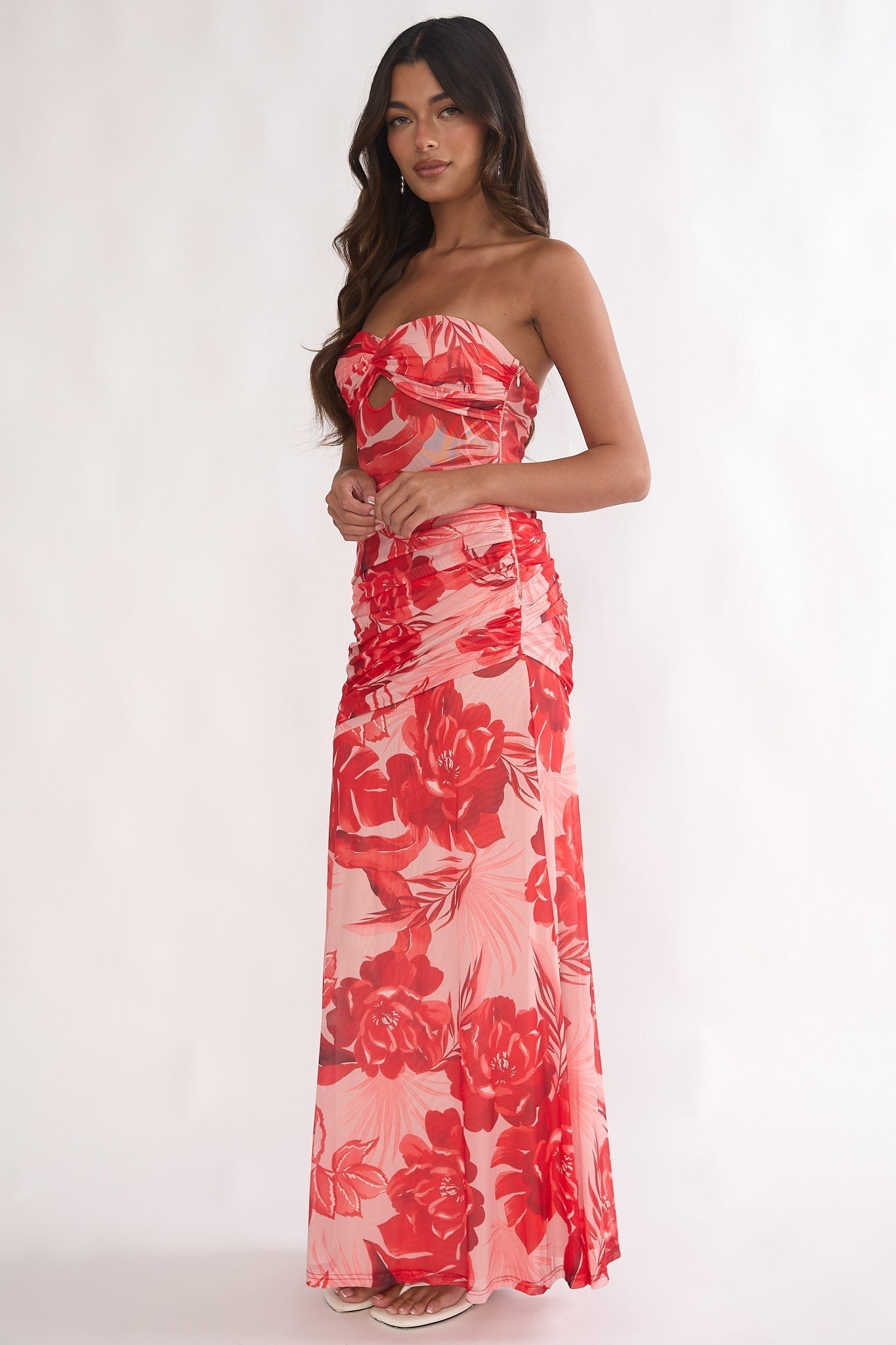 Kallira Ruched Maxi Dress Floral Red