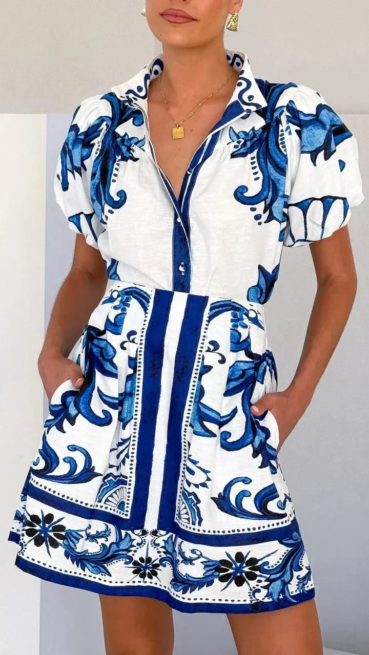 Linen Floral Top and Skirt Set