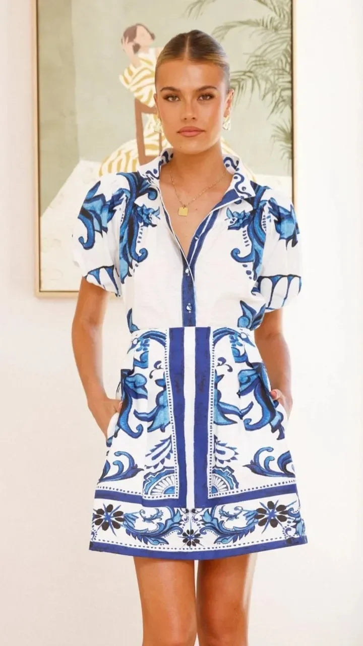 Linen Floral Top and Skirt Set