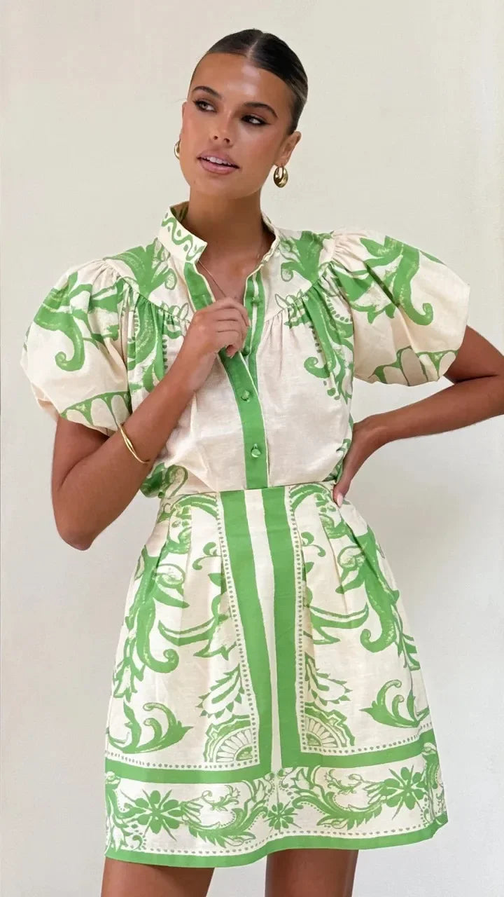 Linen Floral Top and Skirt Set