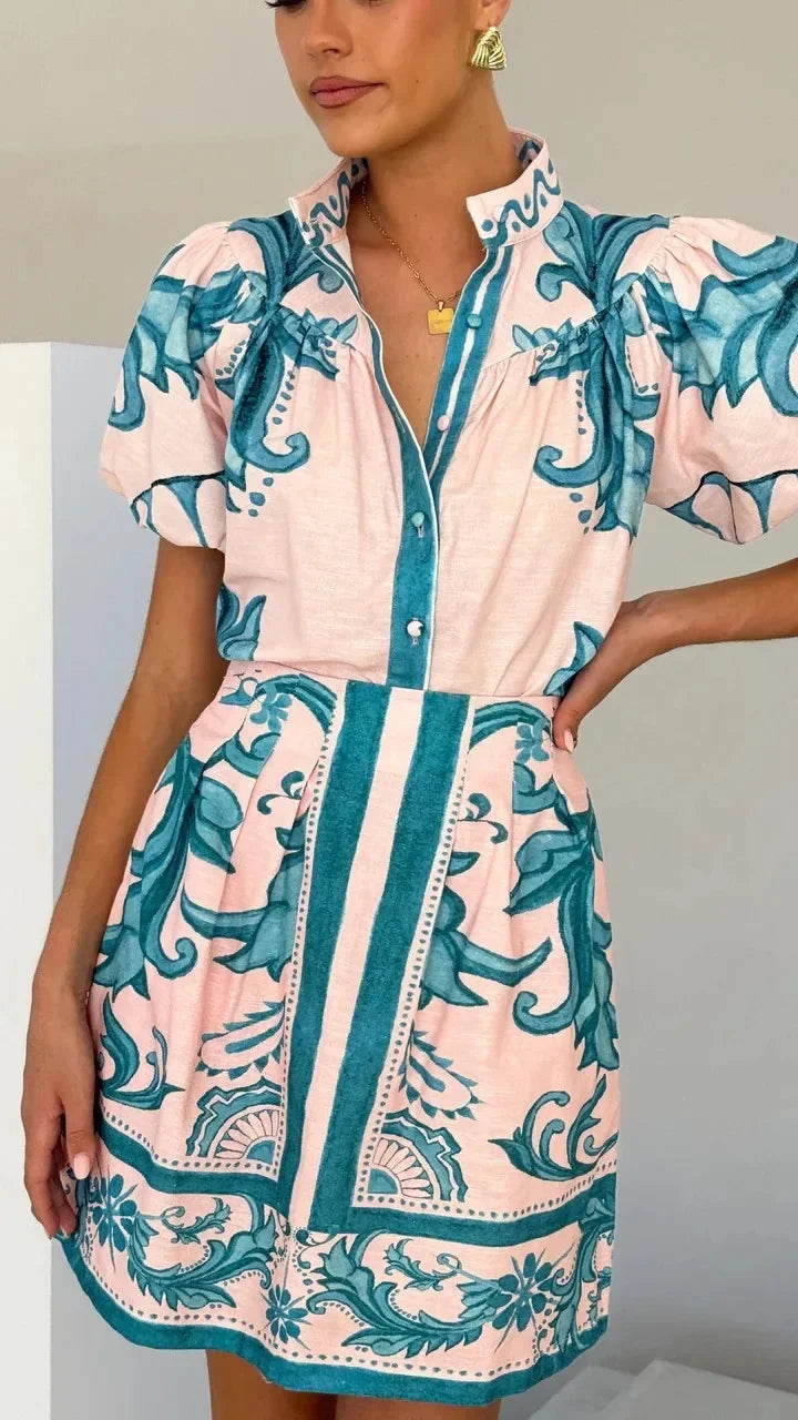 Linen Floral Top and Skirt Set