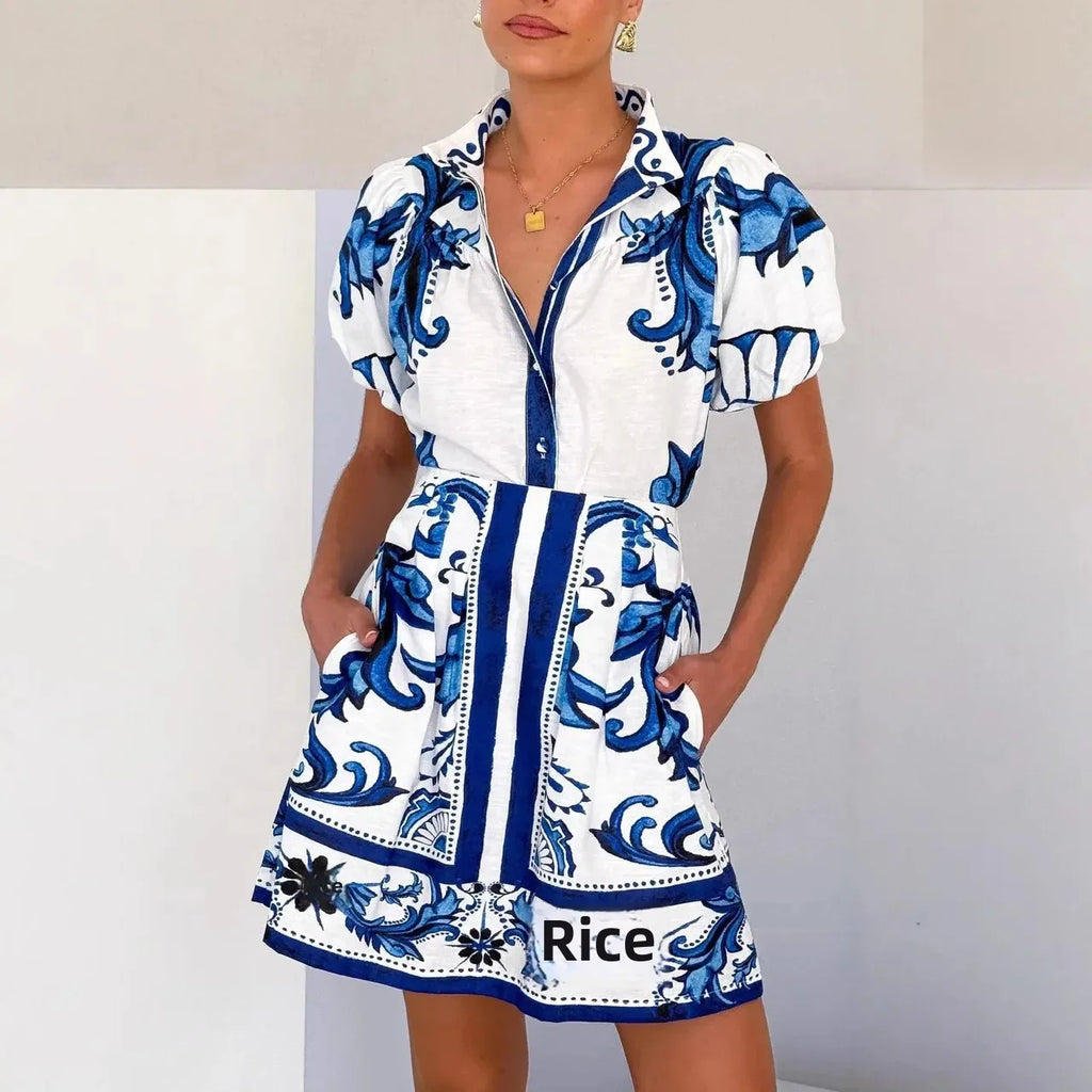 Linen Floral Top and Skirt Set