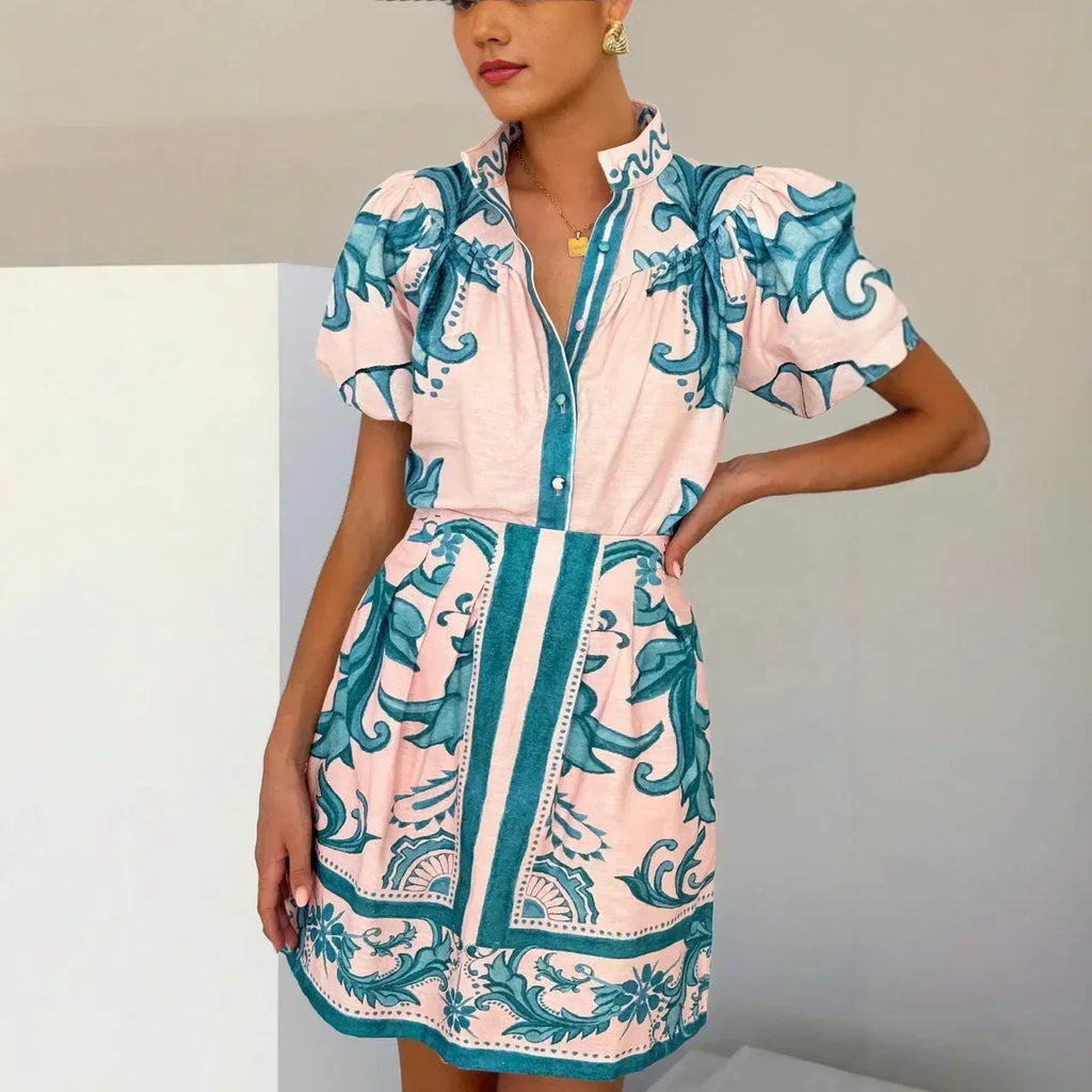 Linen Floral Top and Skirt Set