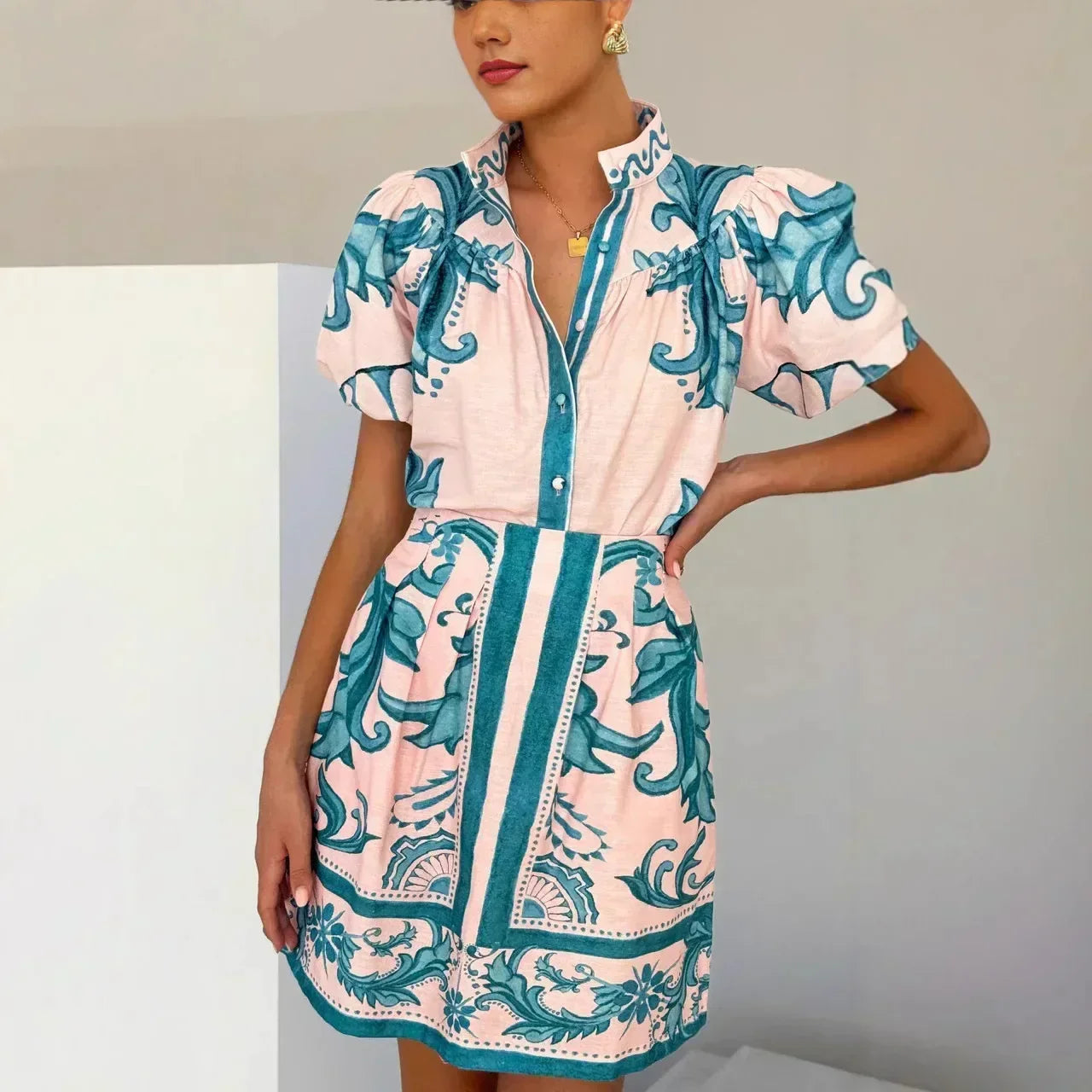 Linen Floral Top and Skirt Set