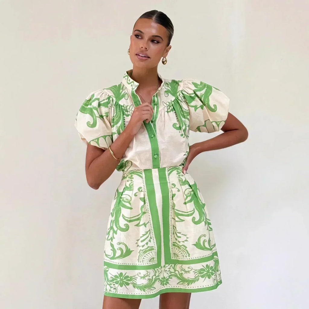 Linen Floral Top and Skirt Set