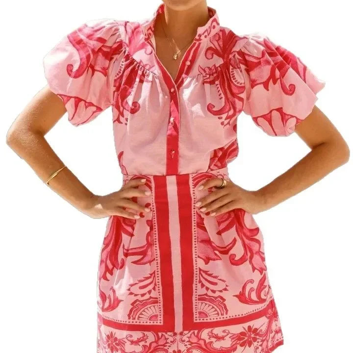 Linen Floral Top and Skirt Set