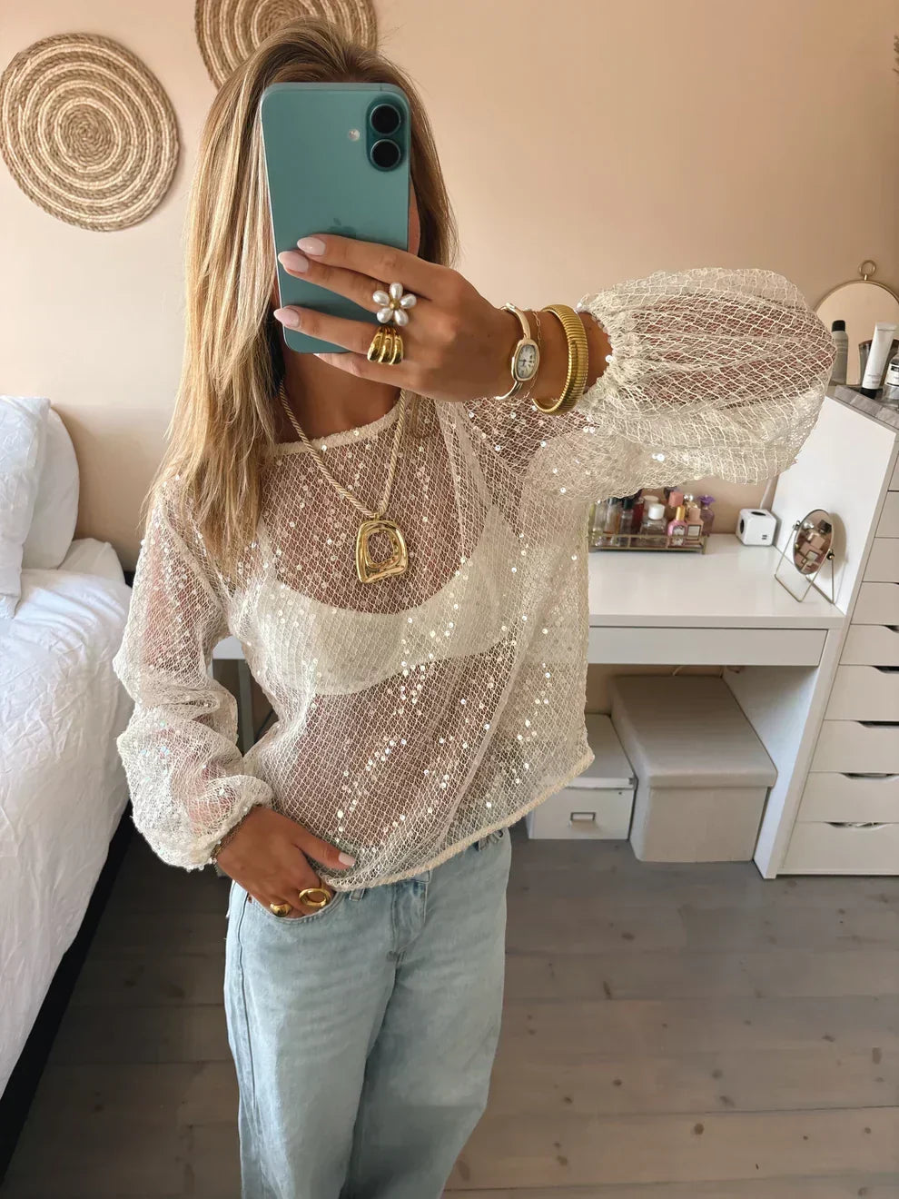 Monica Round Neck Sequin Mesh Top