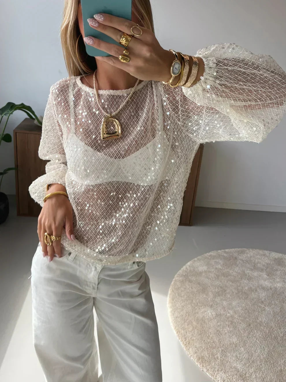 Monica Round Neck Sequin Mesh Top