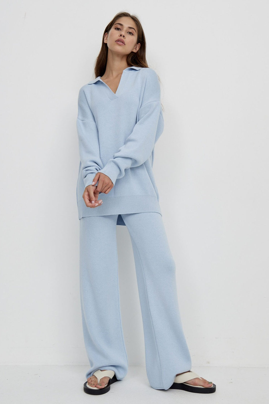 Polo Knit Pullover and Wide-Leg Pants Set