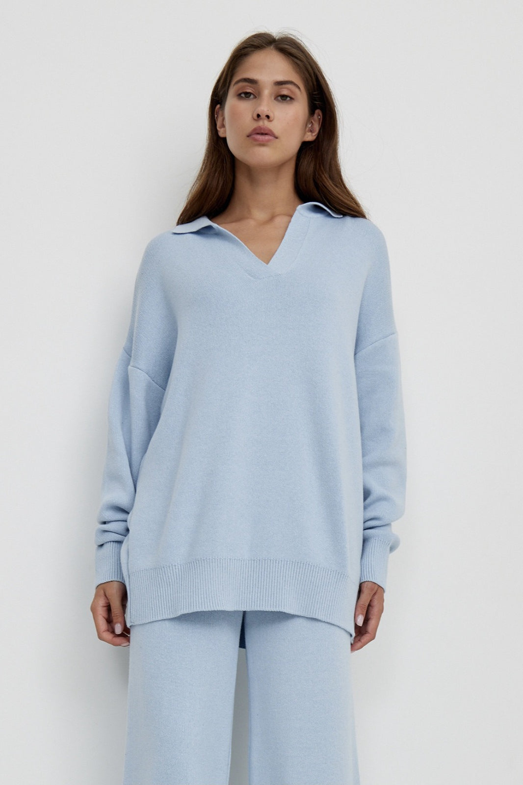 Polo Knit Pullover and Wide-Leg Pants Set