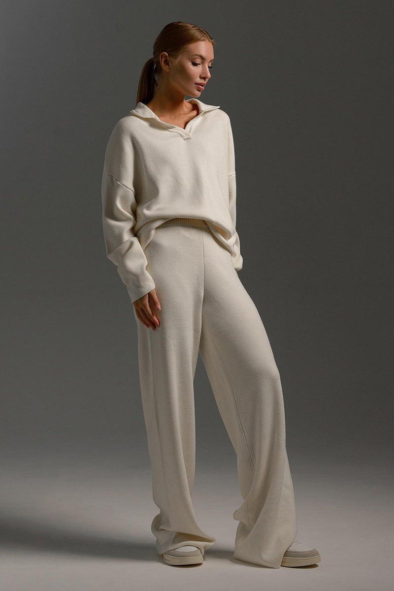 Polo Knit Pullover and Wide-Leg Pants Set