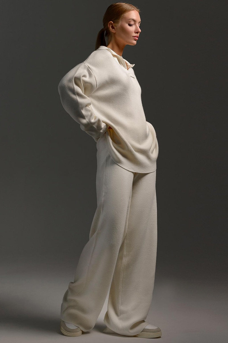 Polo Knit Pullover and Wide-Leg Pants Set