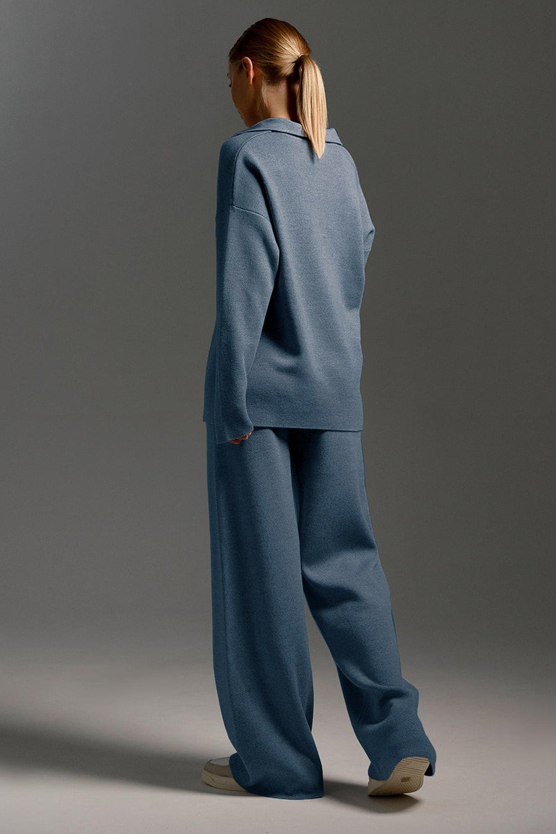 Polo Knit Pullover and Wide-Leg Pants Set