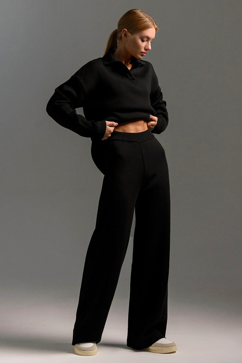 Polo Knit Pullover and Wide-Leg Pants Set