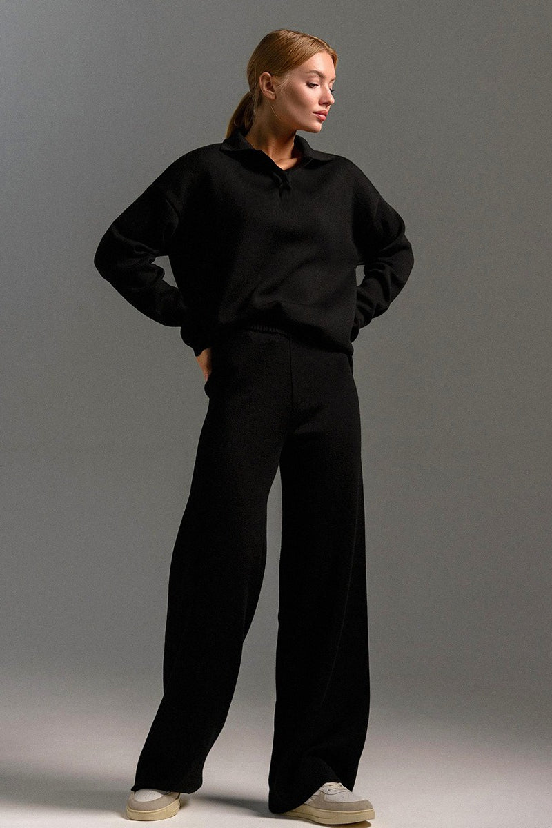 Polo Knit Pullover and Wide-Leg Pants Set