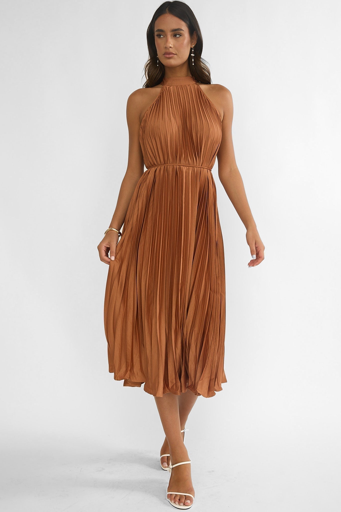 Sharaya Pleated Midi Dress Mocha
