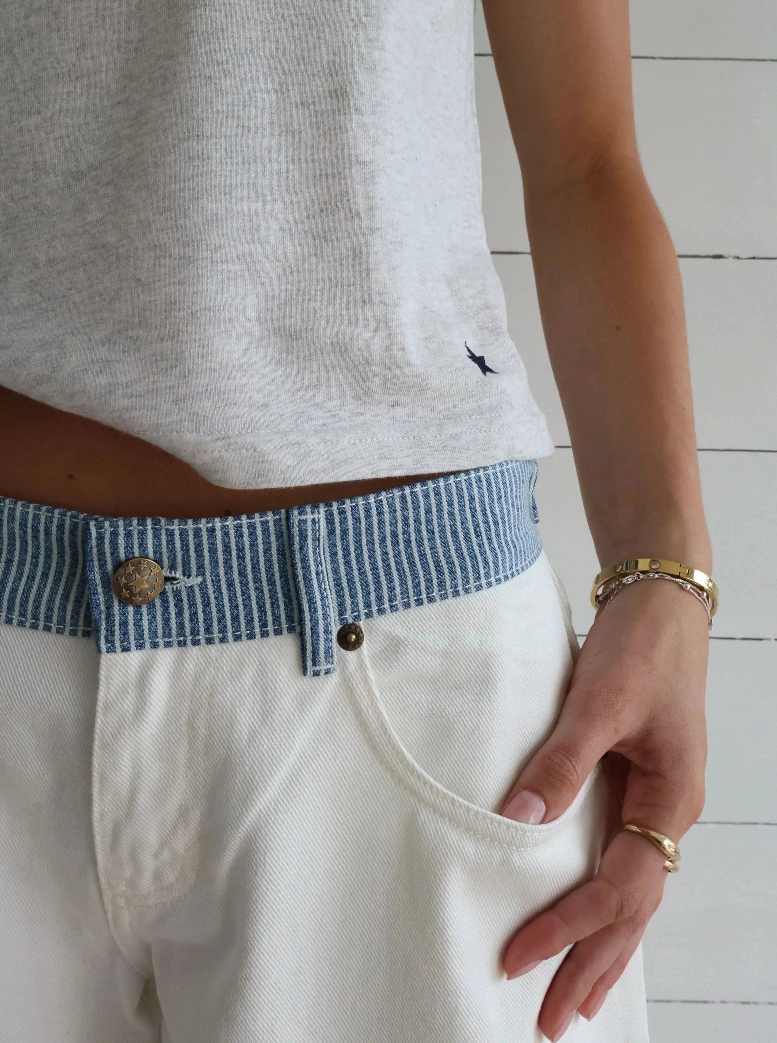 Stella Striped-Waist White Denim Jeans