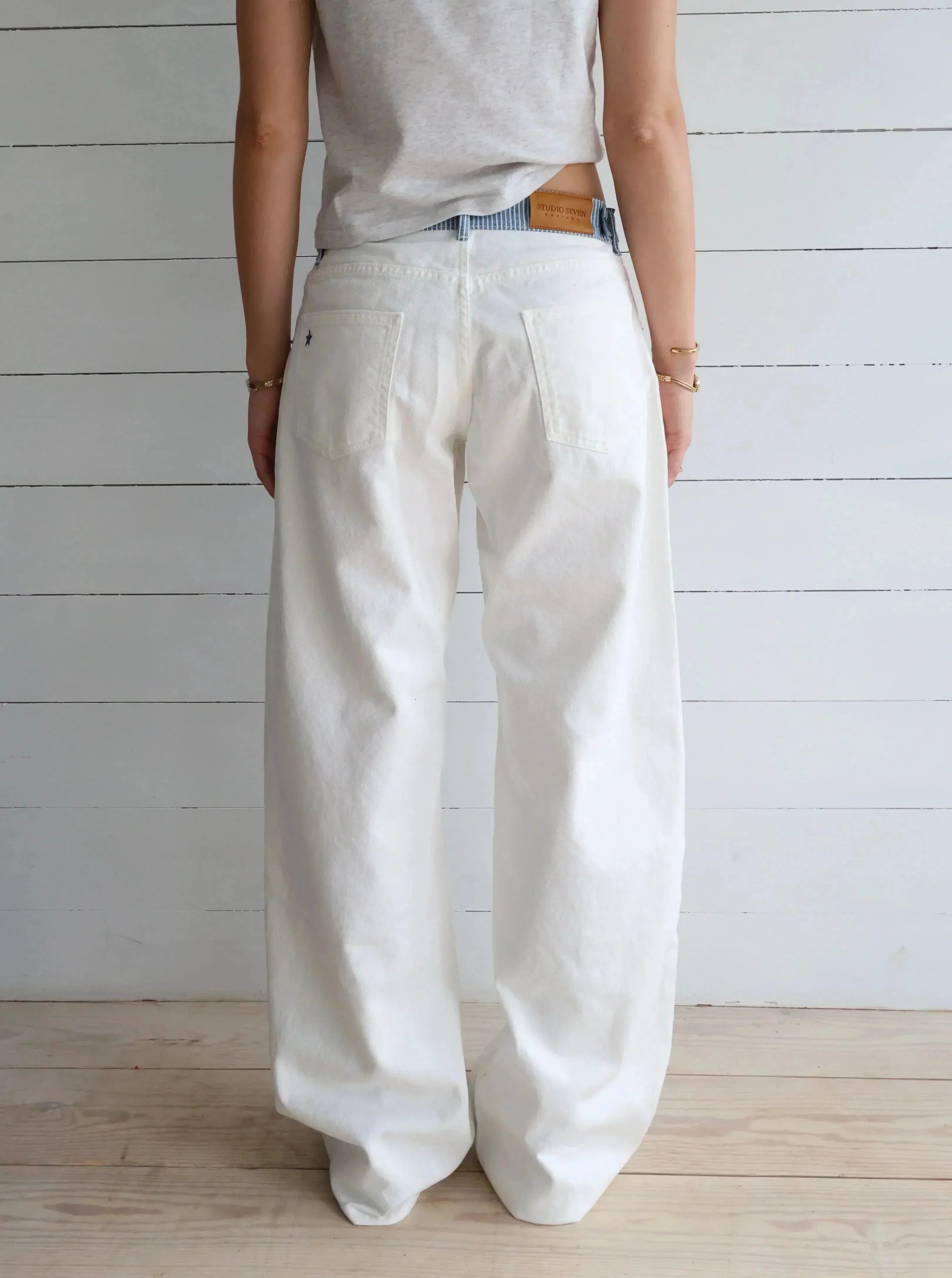 Stella Striped-Waist White Denim Jeans