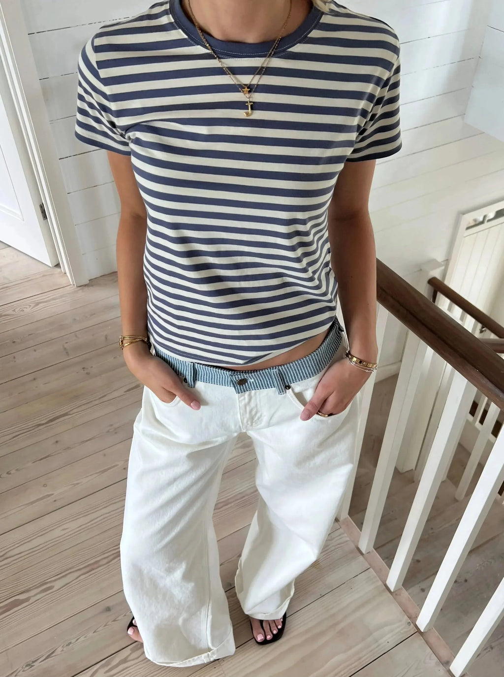 Stella Striped-Waist White Denim Jeans