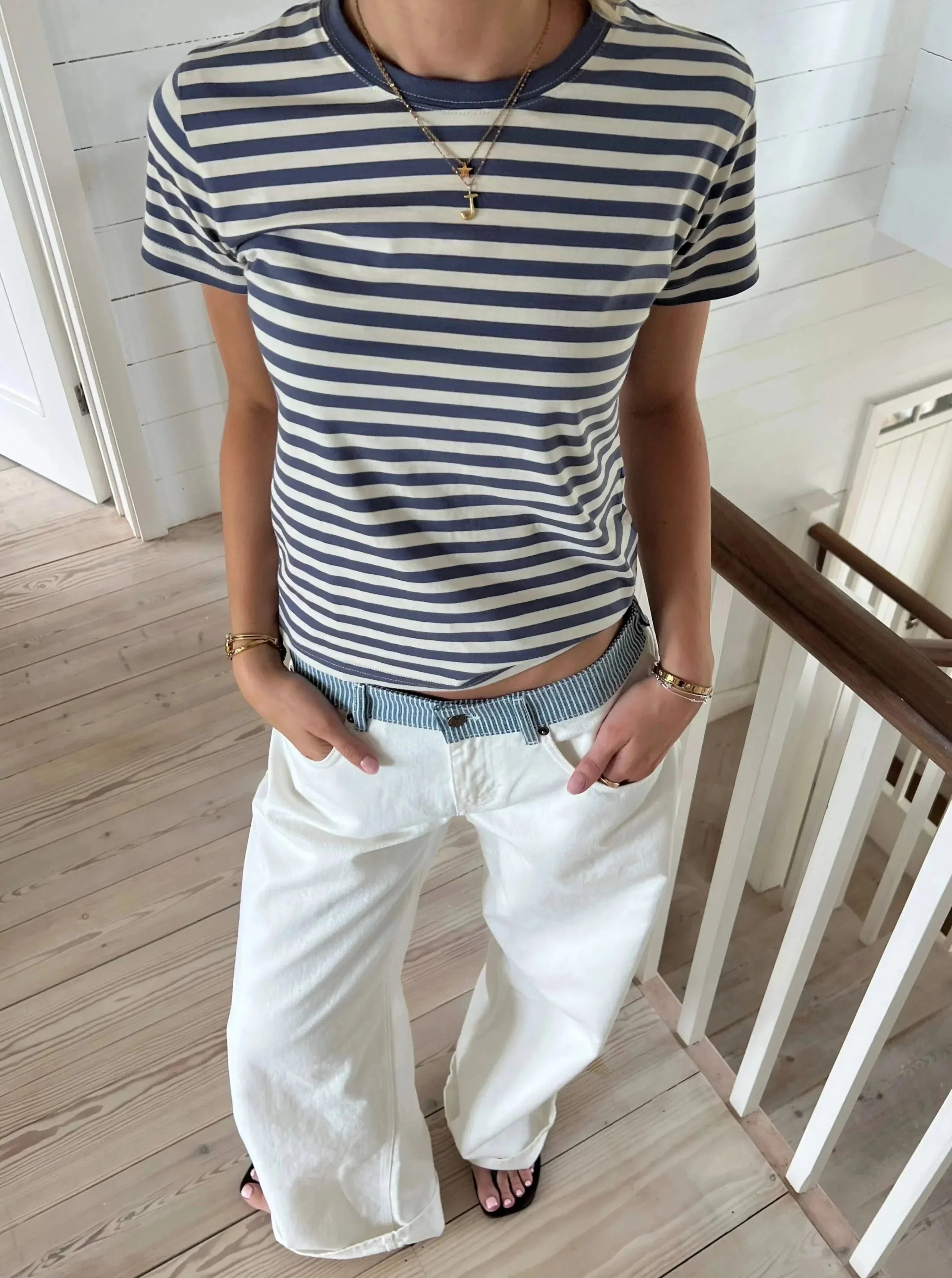 Stella Striped-Waist White Denim Jeans
