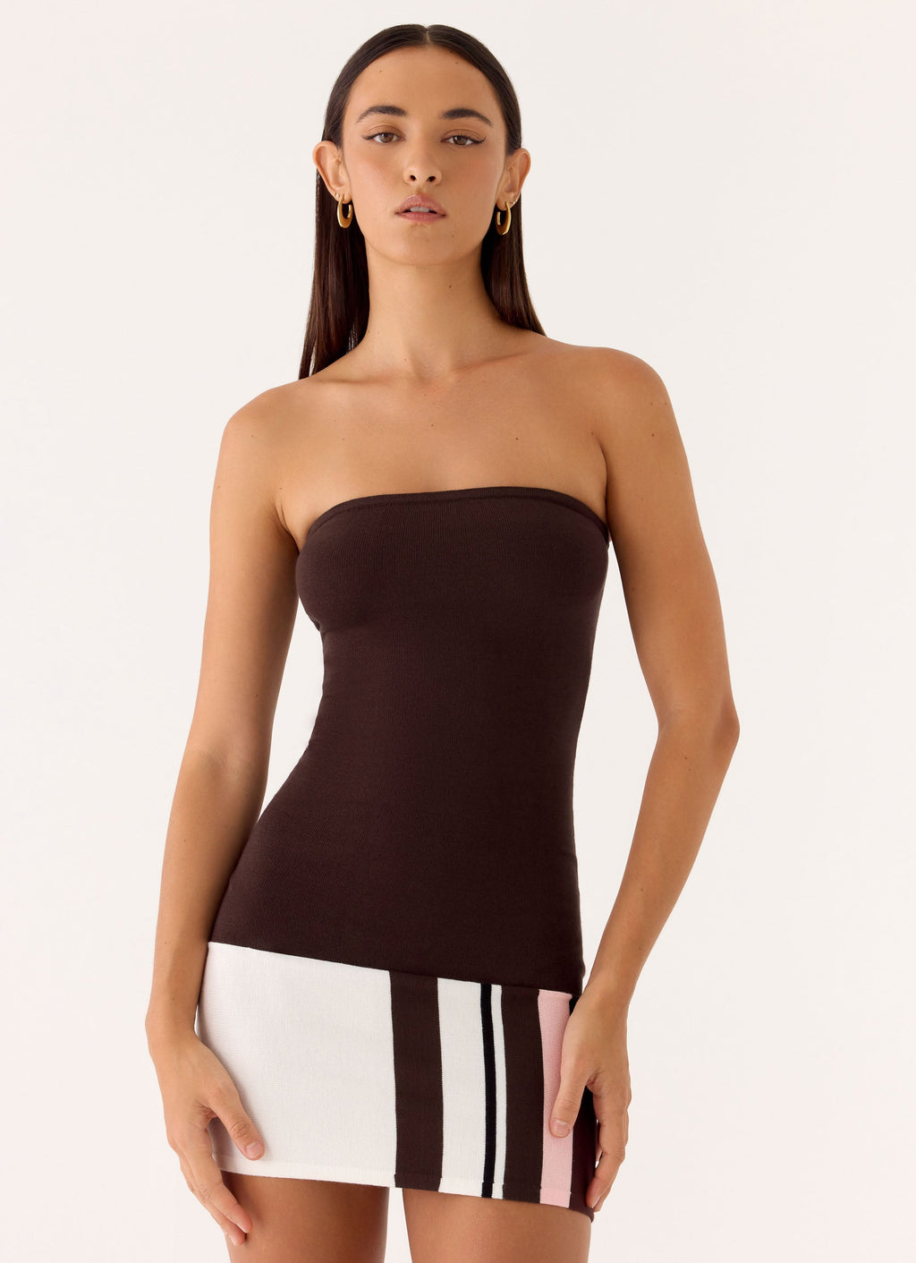 Straight Lines Knit Mini Dress Brown
