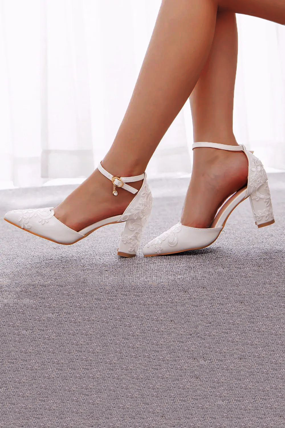 White Floral Embroidered Block Heel Wedding Shoes