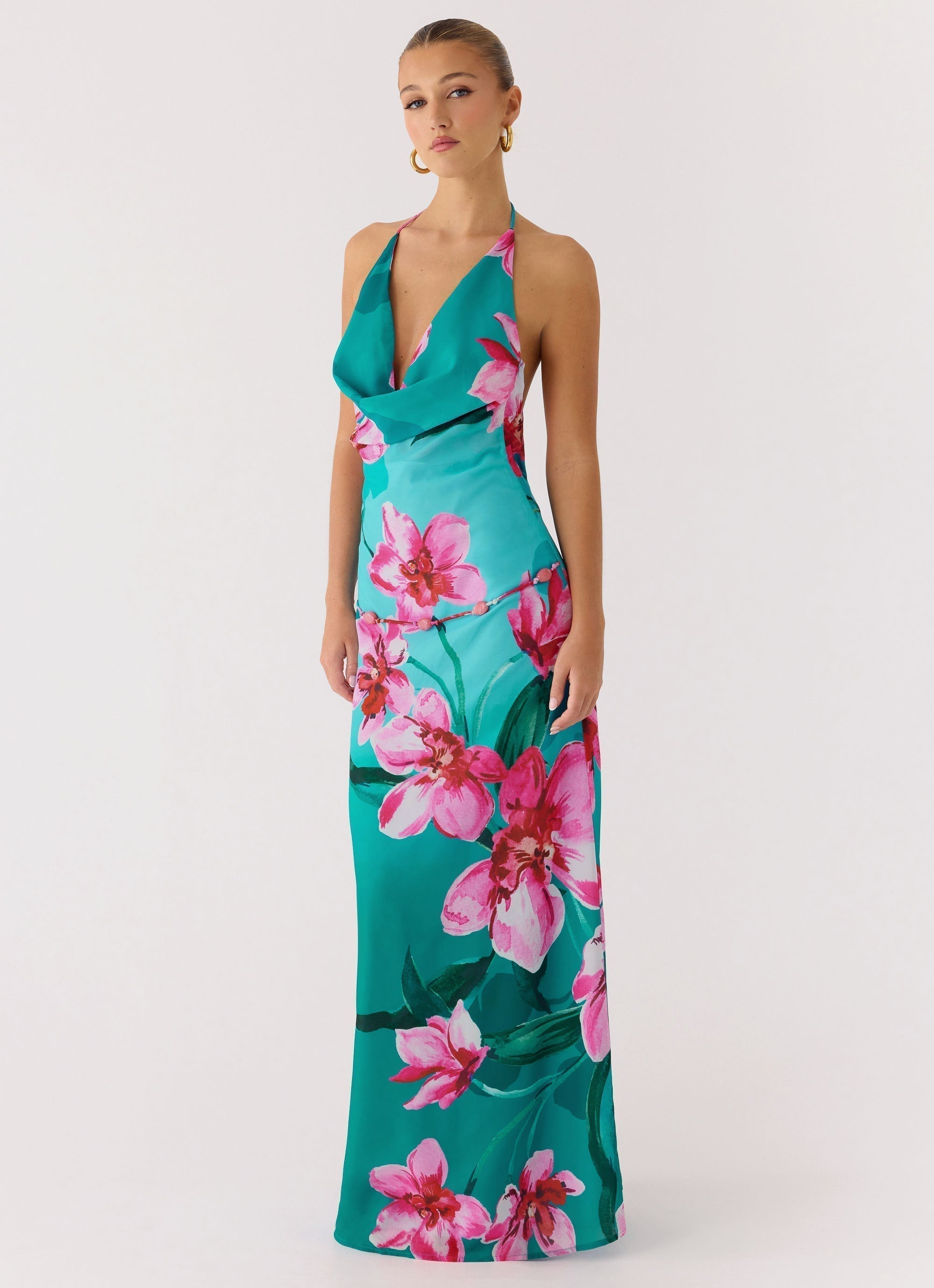 Yoon Beaded Cowl Maxi Dress Blue Green